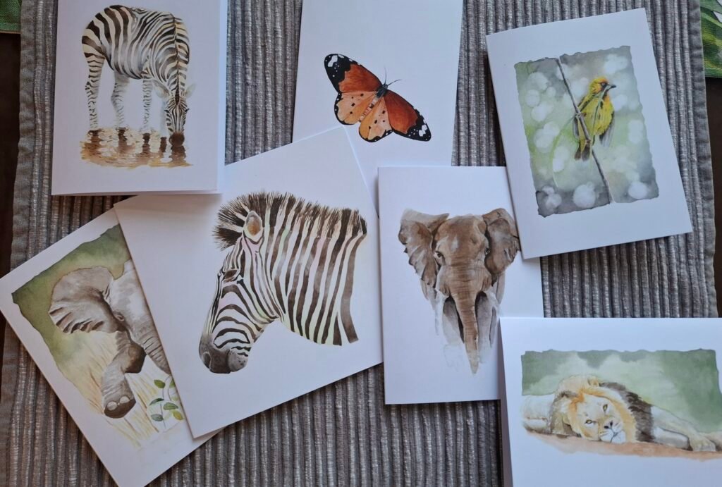 African animals greeting cards in watercolour and displayed on a table  created by watercolour with love