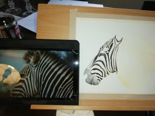 adding stripes to Zebra head in watercolour