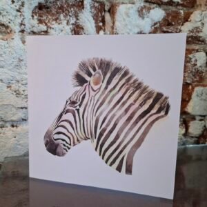 A 150mm x 150mm greeting card of a "Funky", Zebra head painted in watercolour.