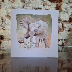 Baby elephant greeting card front view of card standing by Watercolour with Love, watercolour illustration